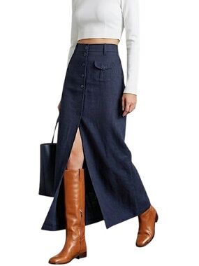 Vtg 90s pure linen dark blue minimal old money front slit straight maxi skirt 7